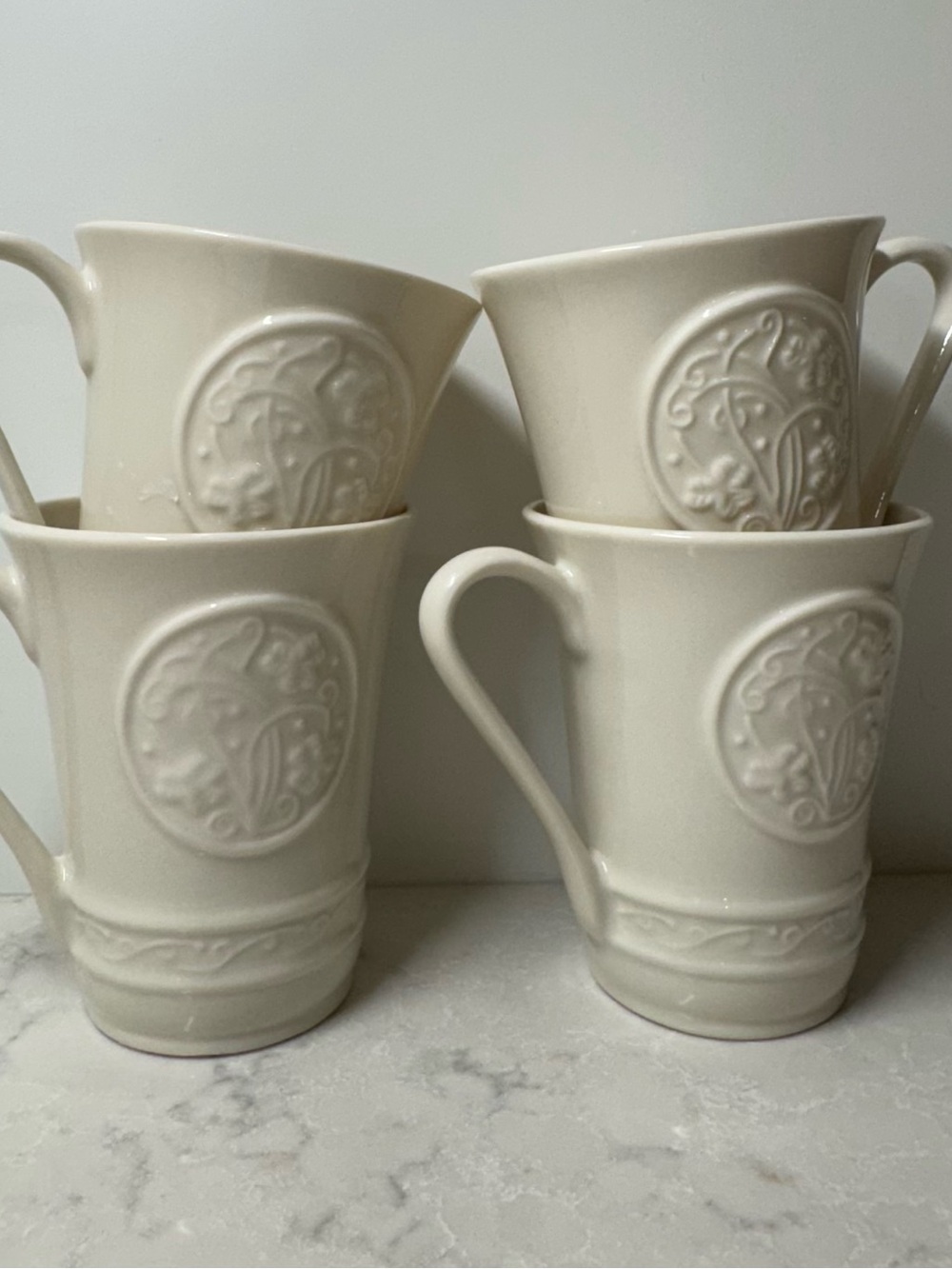 Belleek Cream Embossed Medallion Mugs - Set of 4